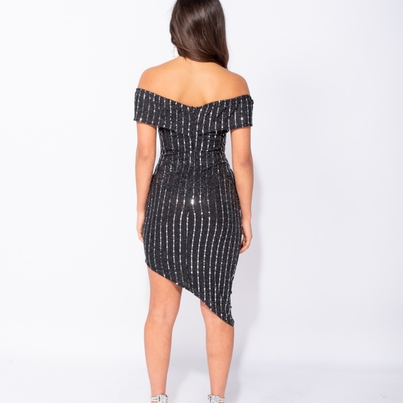LAST 1 Black Off Shoulder Lurex Bodycon Mini Dress - Picture 4 of 8